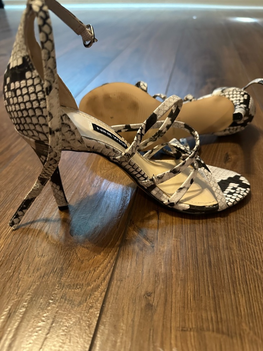 Snake-Print Strappy High Heel Sandals - White/Black SZ 5 1/2